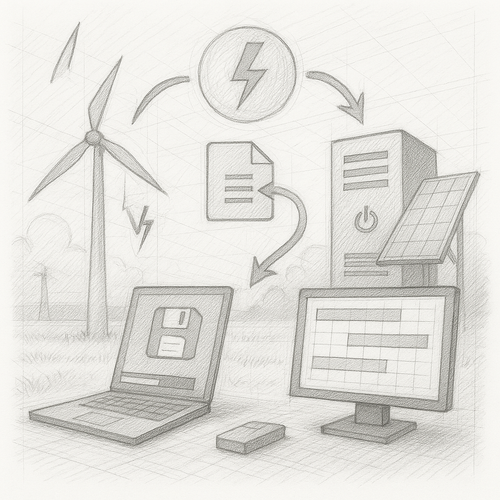 Illustration of a wind turbine, server, solar panel, laptop, and status screen showing energy data transfer and checkpointing